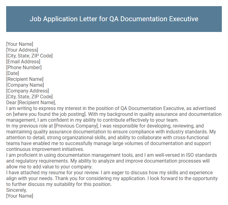 Job Application Letter for QA Documentation Executive