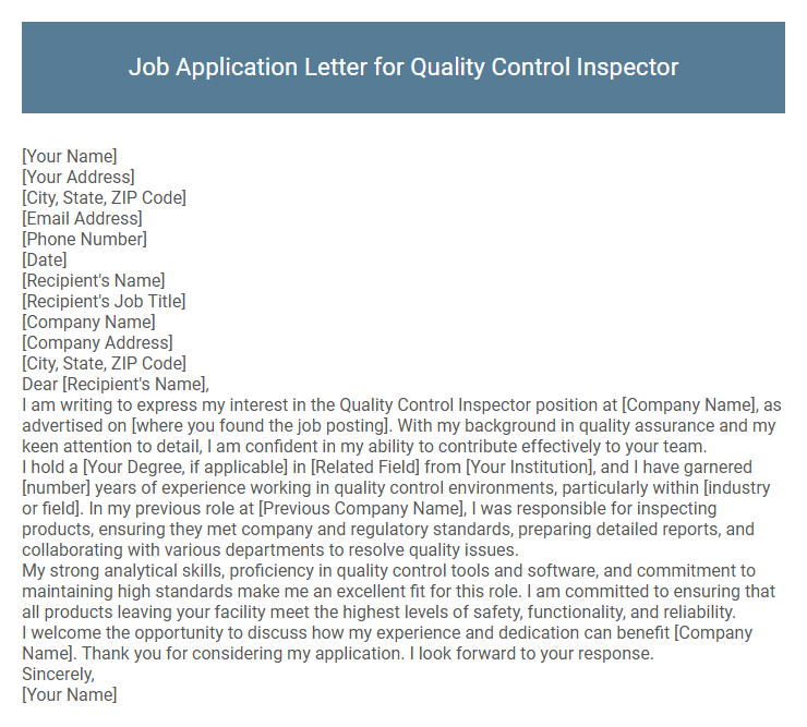 Job Application Letter for Quality Control Inspector