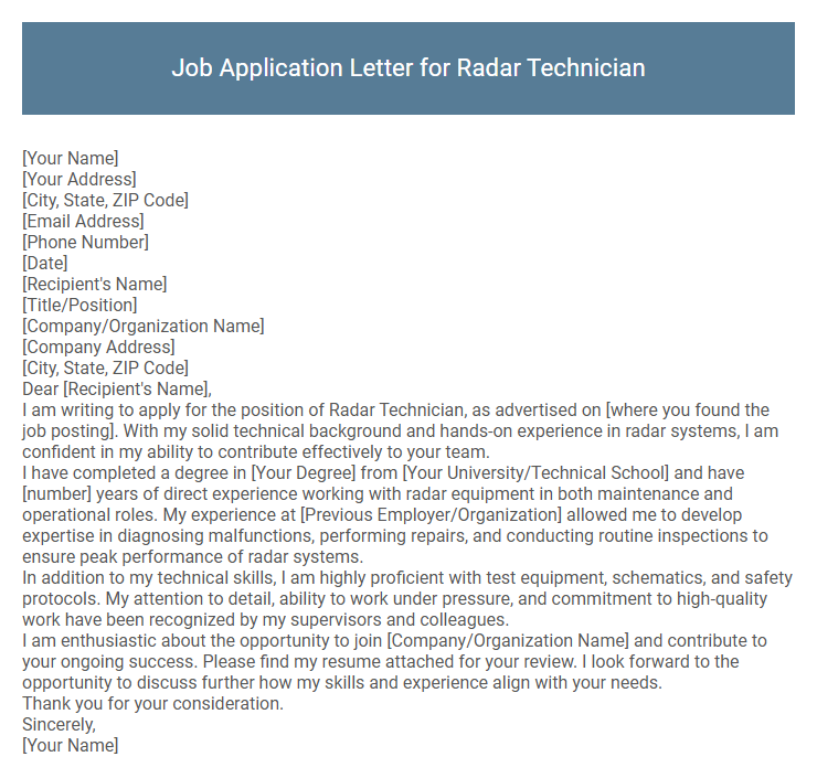 Job Application Letter for Radar Technician