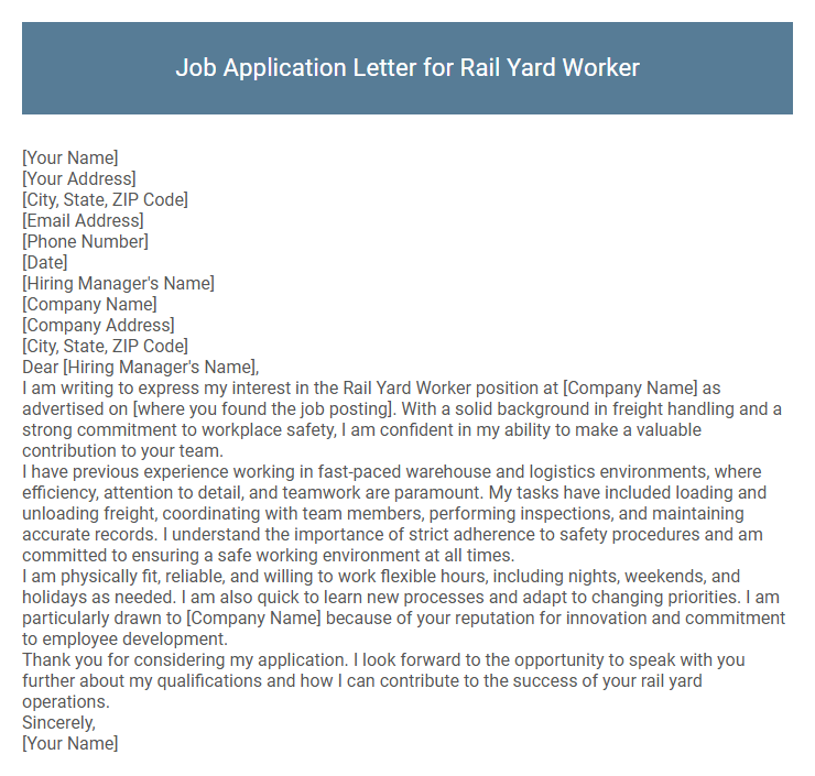 Job Application Letter for Rail Yard Worker