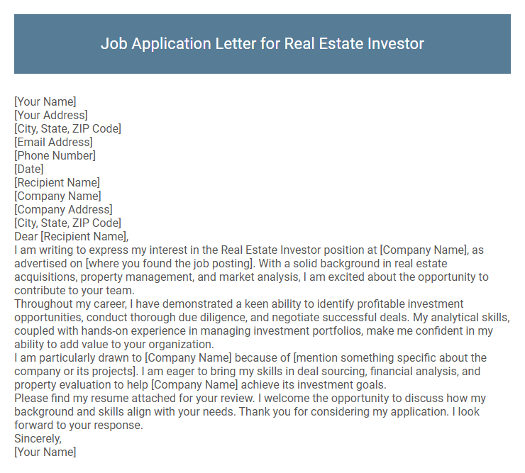 Job Application Letter for Real Estate Investor