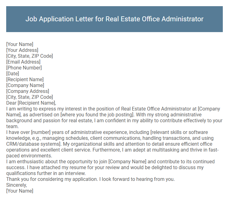 Job Application Letter for Real Estate Office Administrator