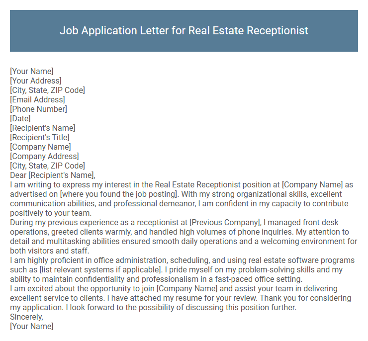 Job Application Letter for Real Estate Receptionist