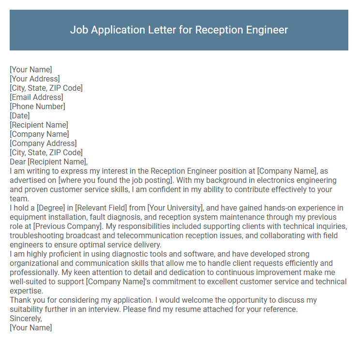Job Application Letter for Reception Engineer