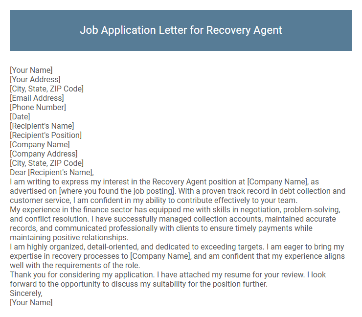 Job Application Letter for Recovery Agent