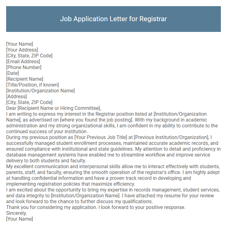 Job Application Letter for Registrar