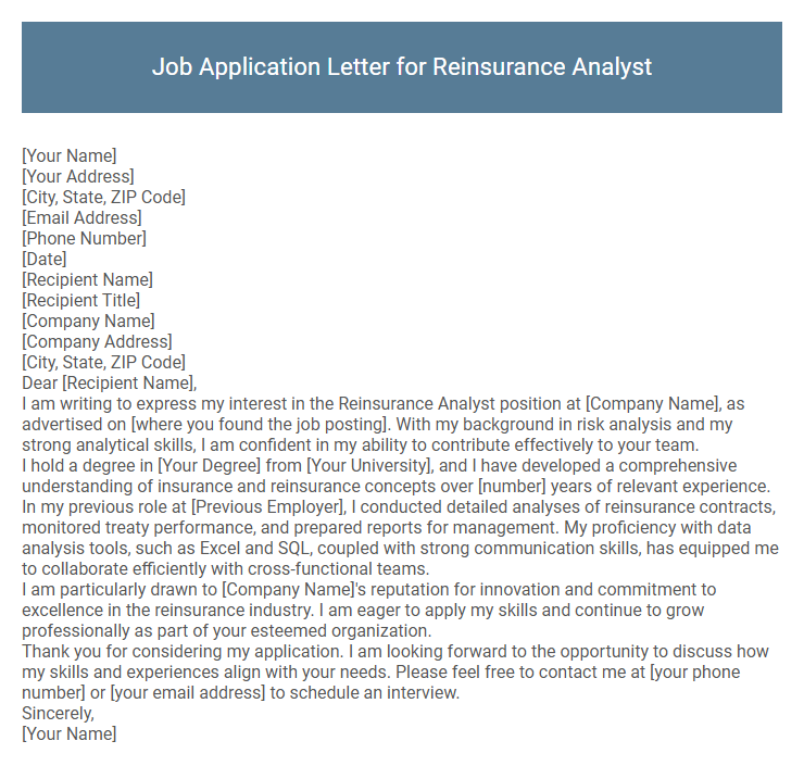 Job Application Letter for Reinsurance Analyst