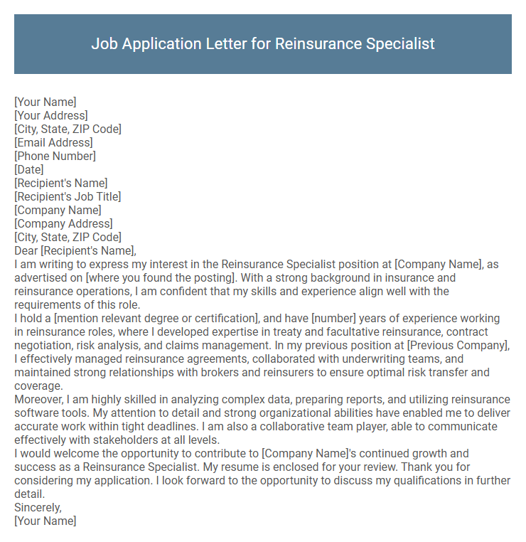 Job Application Letter for Reinsurance Specialist