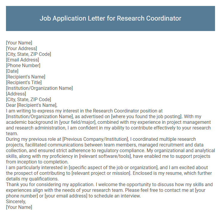 Job Application Letter for Research Coordinator