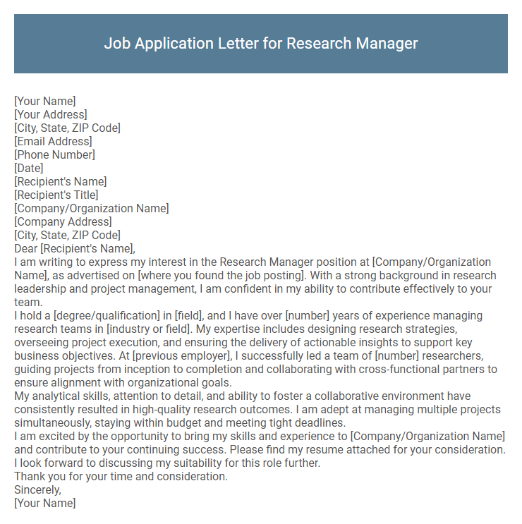 Job Application Letter for Research Manager