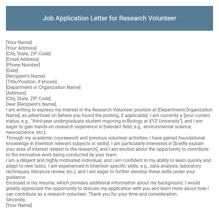 Job Application Letter for Research Volunteer