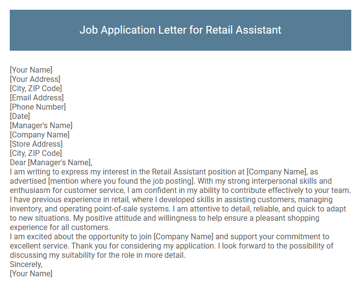 Job Application Letter for Retail Assistant