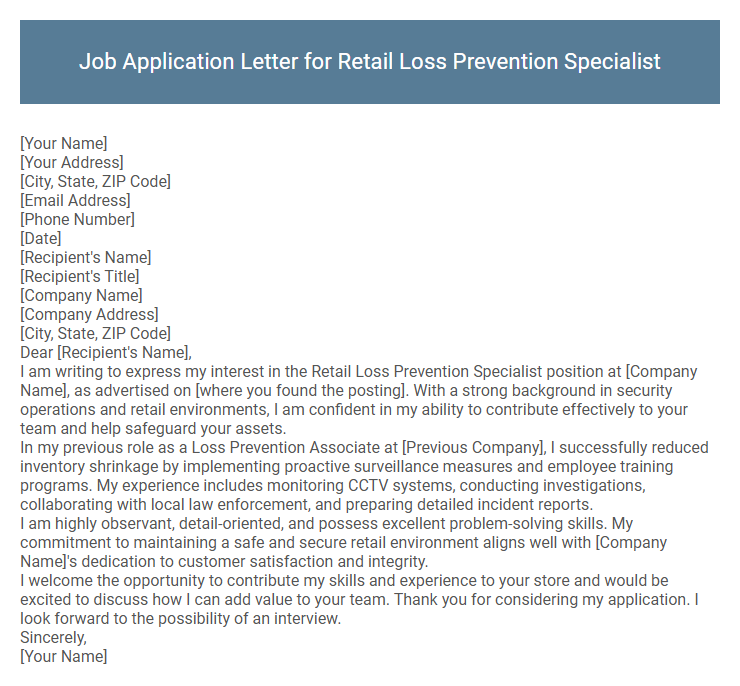 Job Application Letter for Retail Loss Prevention Specialist