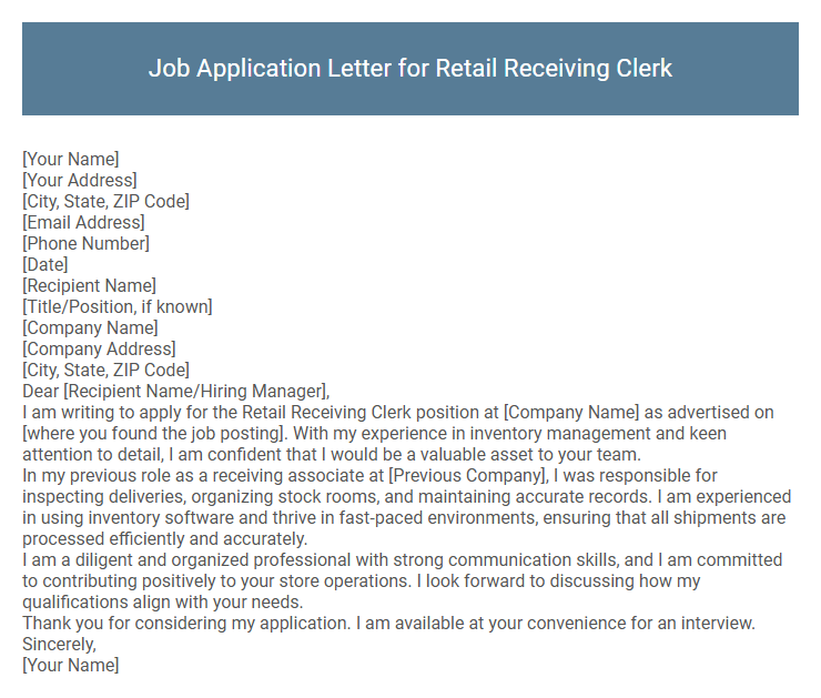 Job Application Letter for Retail Receiving Clerk