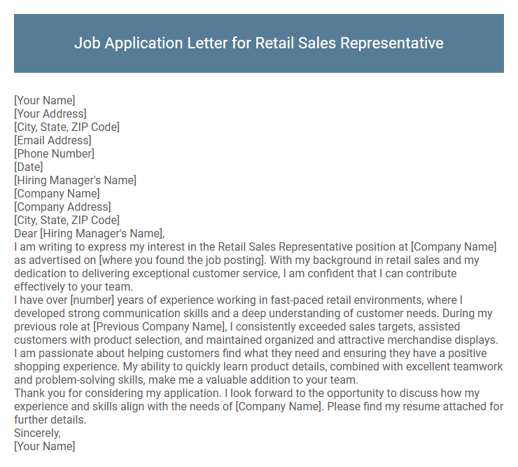 Job Application Letter for Retail Sales Representative