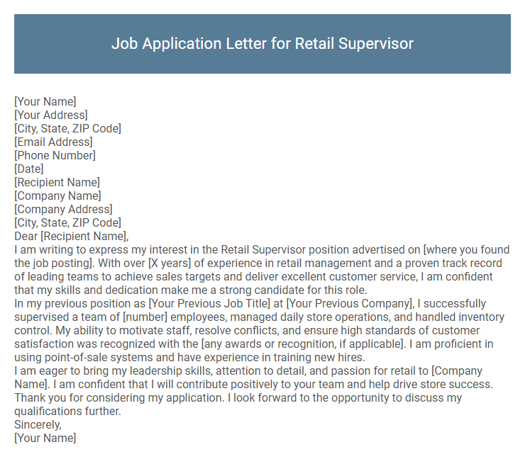 Job Application Letter for Retail Supervisor