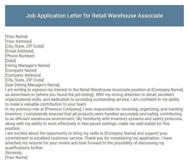 Job Application Letter for Retail Warehouse Associate