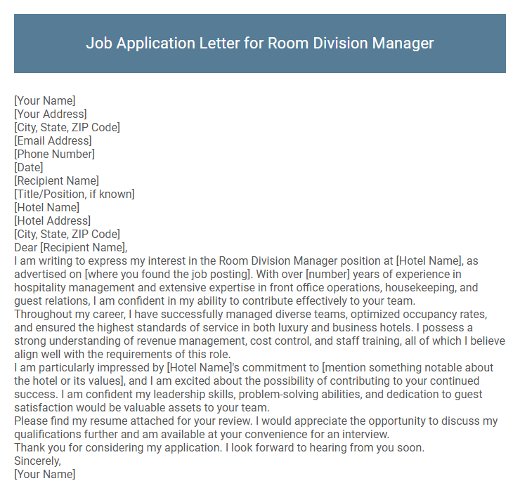 Job Application Letter for Room Division Manager