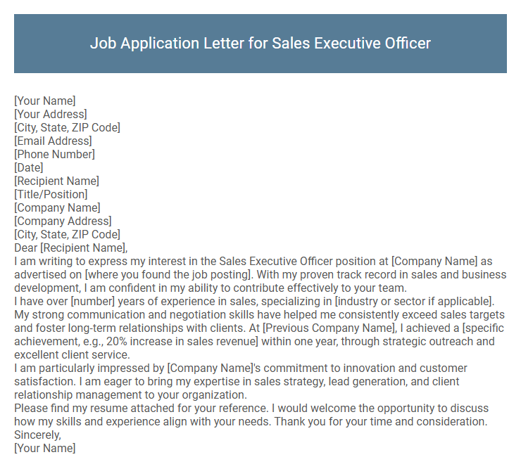 Job Application Letter for Sales Executive Officer