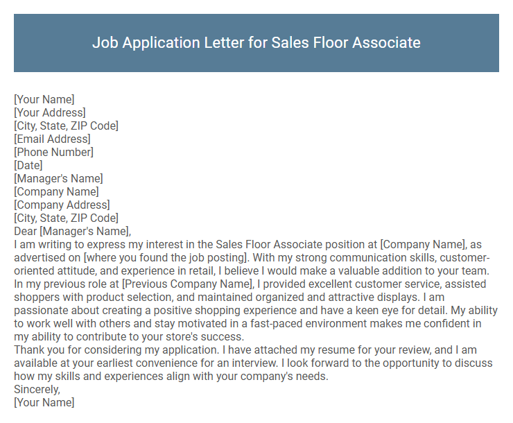 Job Application Letter for Sales Floor Associate