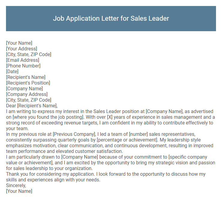 Job Application Letter for Sales Leader