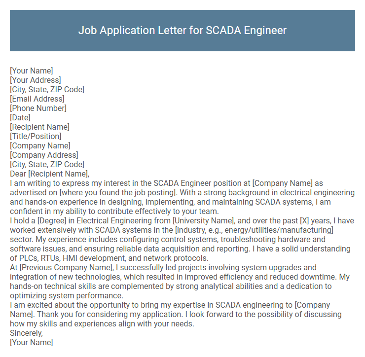 Job Application Letter for SCADA Engineer