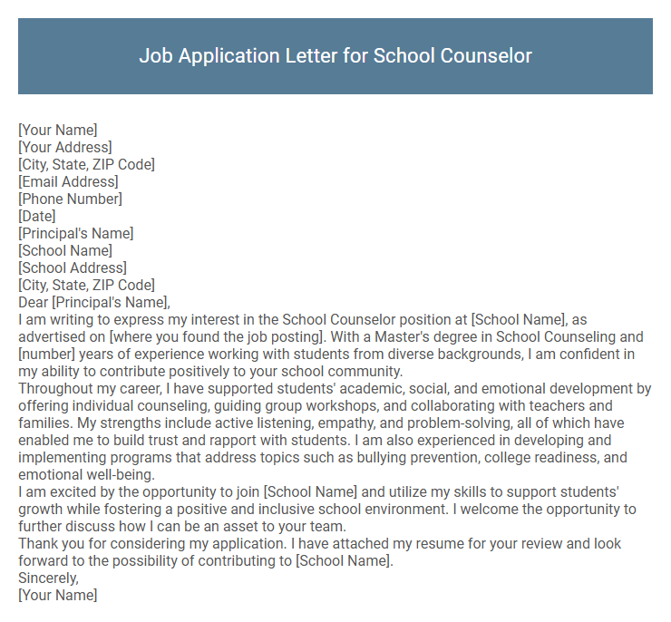 Job Application Letter for School Counselor