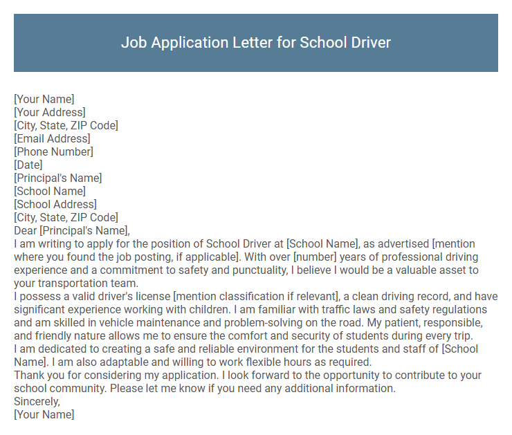Job Application Letter for School Driver