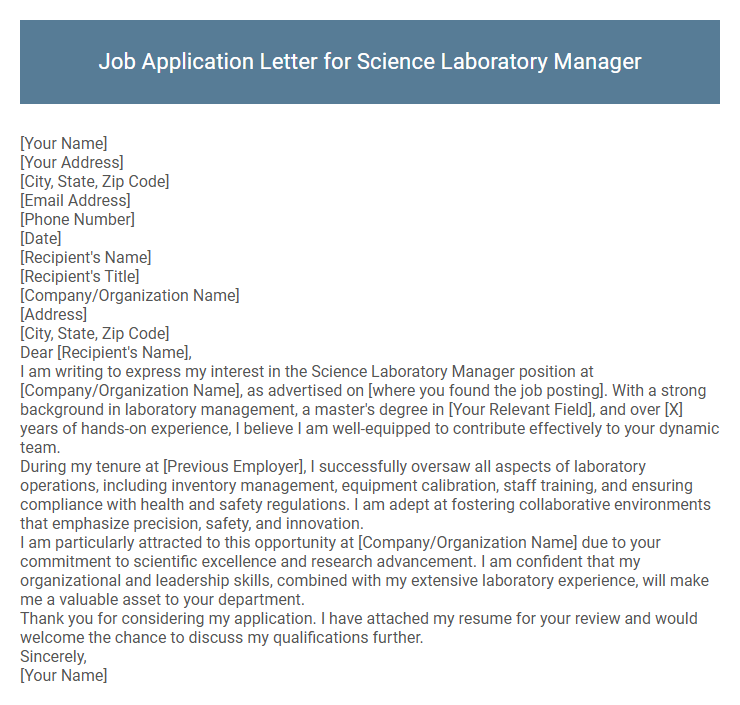 Job Application Letter for Science Laboratory Manager