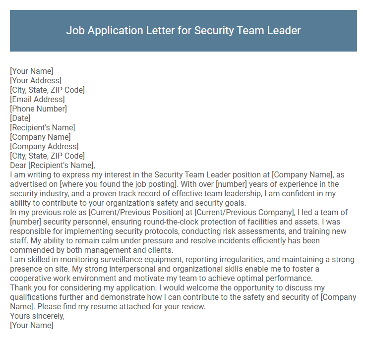 Job Application Letter for Security Team Leader