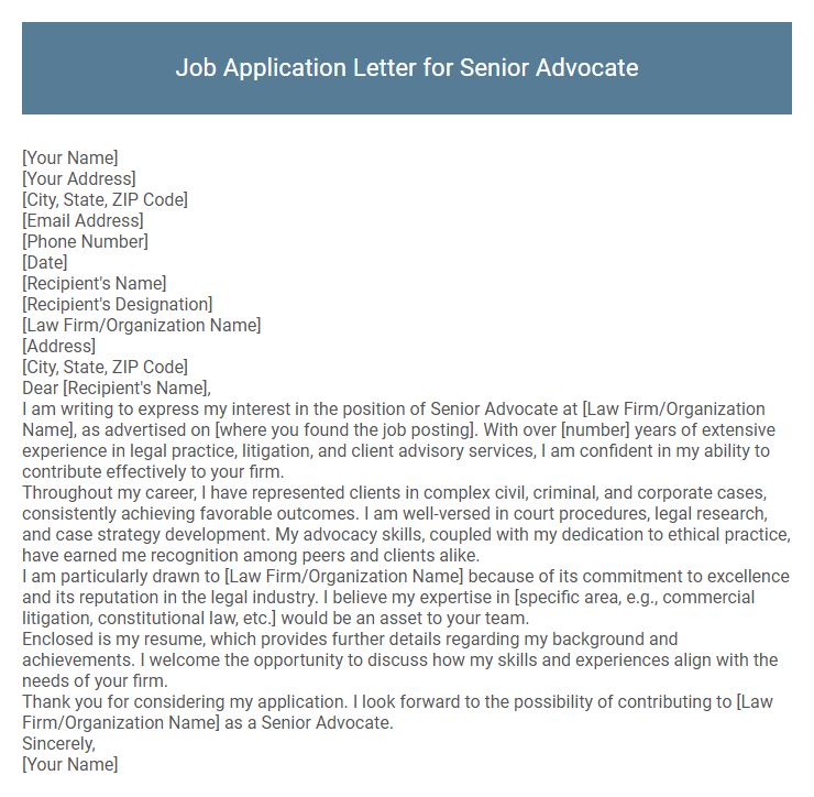 Job Application Letter for Senior Advocate