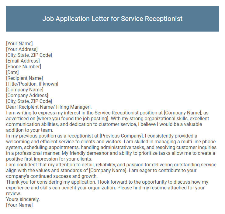 Job Application Letter for Service Receptionist