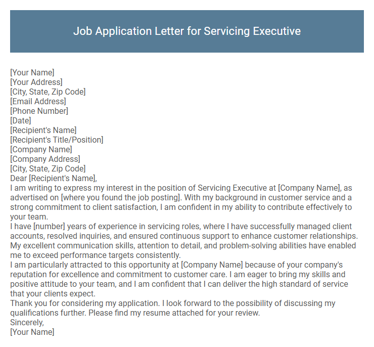 Job Application Letter for Servicing Executive