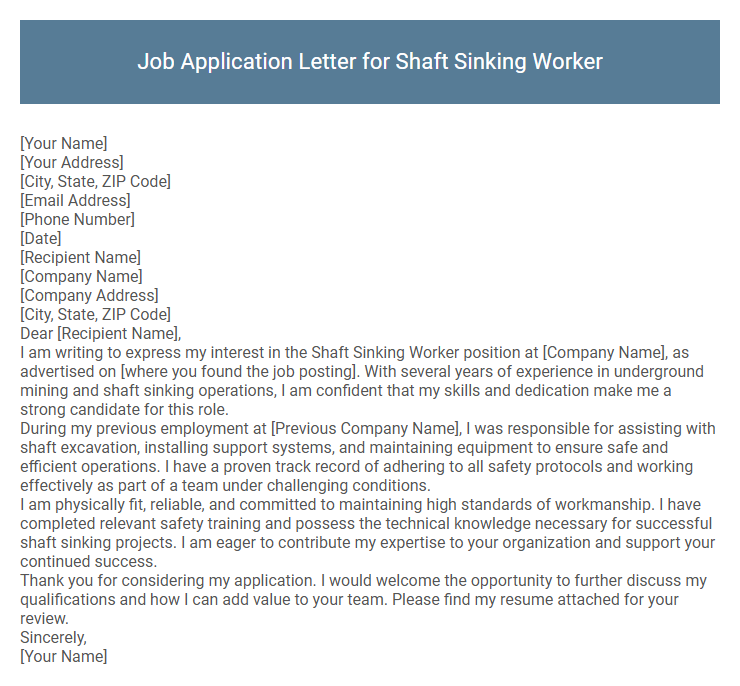 Job Application Letter for Shaft Sinking Worker