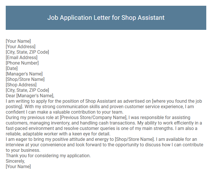 Job Application Letter for Shop Assistant