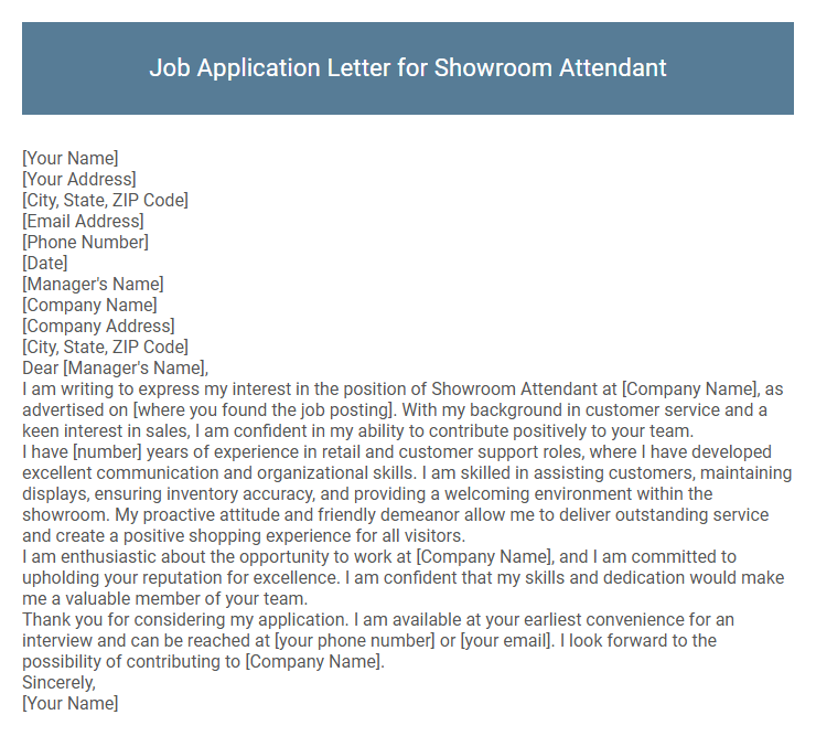 Job Application Letter for Showroom Attendant