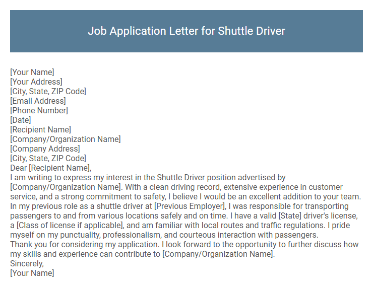 Job Application Letter for Shuttle Driver