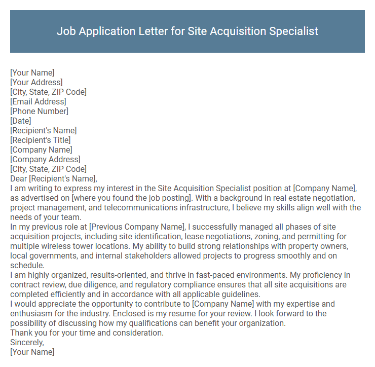 Job Application Letter for Site Acquisition Specialist