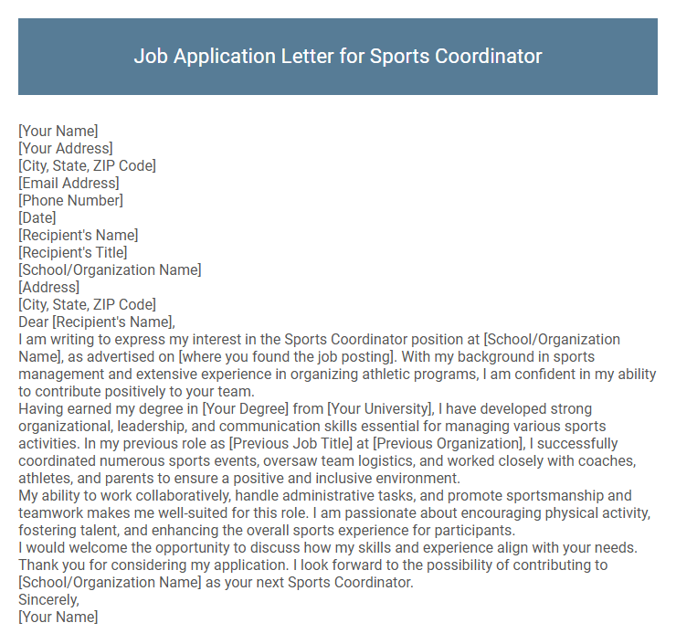 Job Application Letter for Sports Coordinator