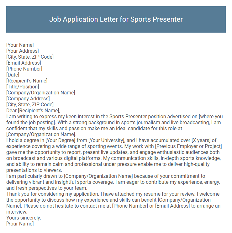Job Application Letter for Sports Presenter
