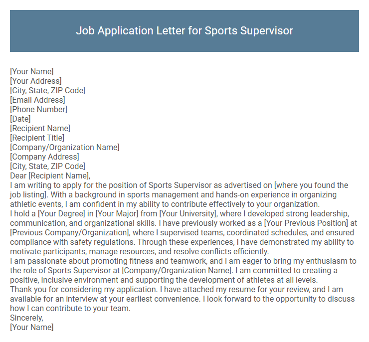 Job Application Letter for Sports Supervisor