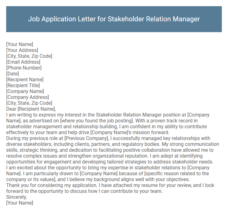Job Application Letter for Stakeholder Relation Manager