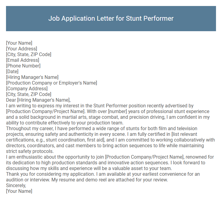 Job Application Letter for Stunt Performer