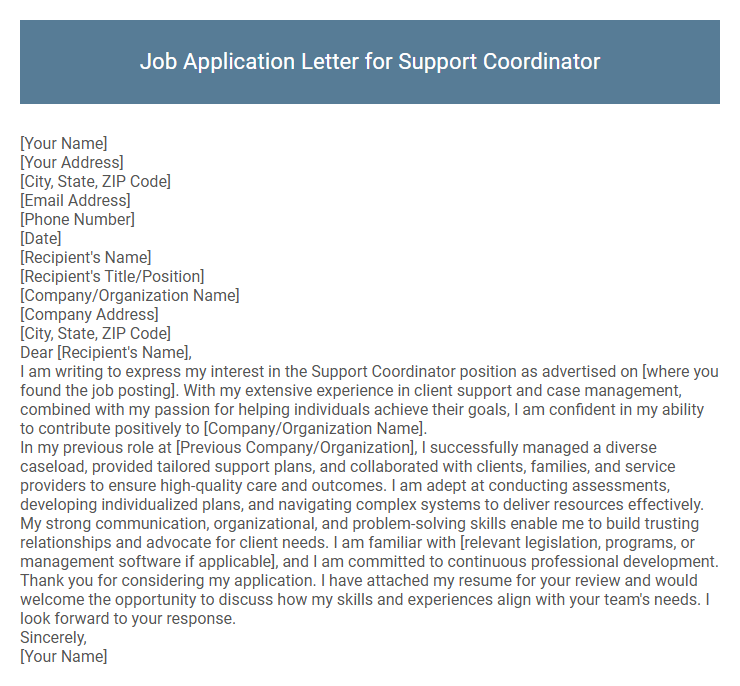 Job Application Letter for Support Coordinator