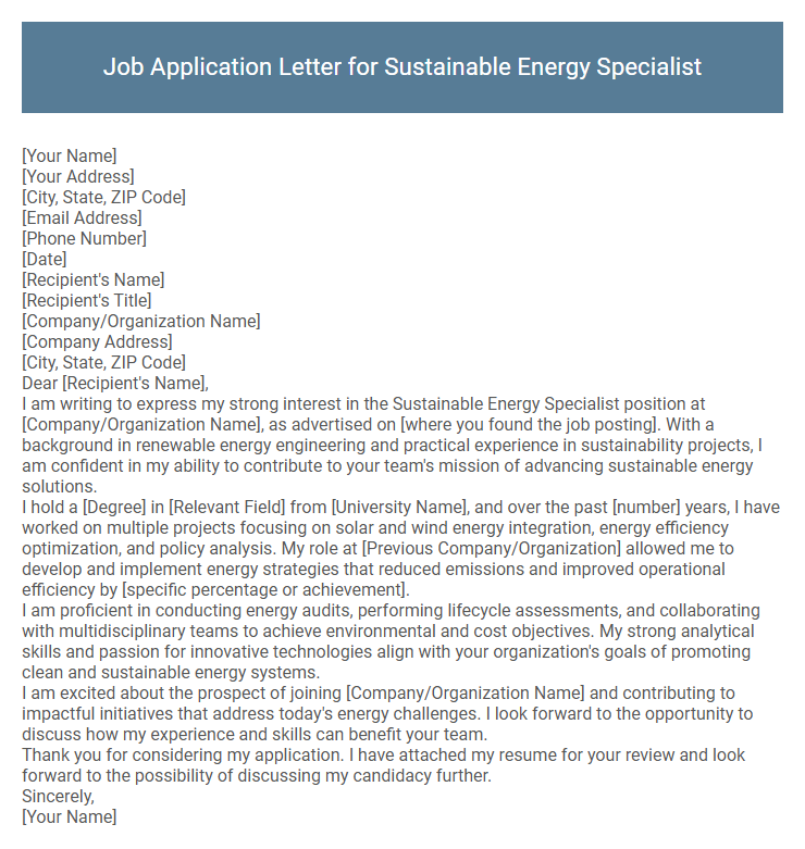 Job Application Letter for Sustainable Energy Specialist