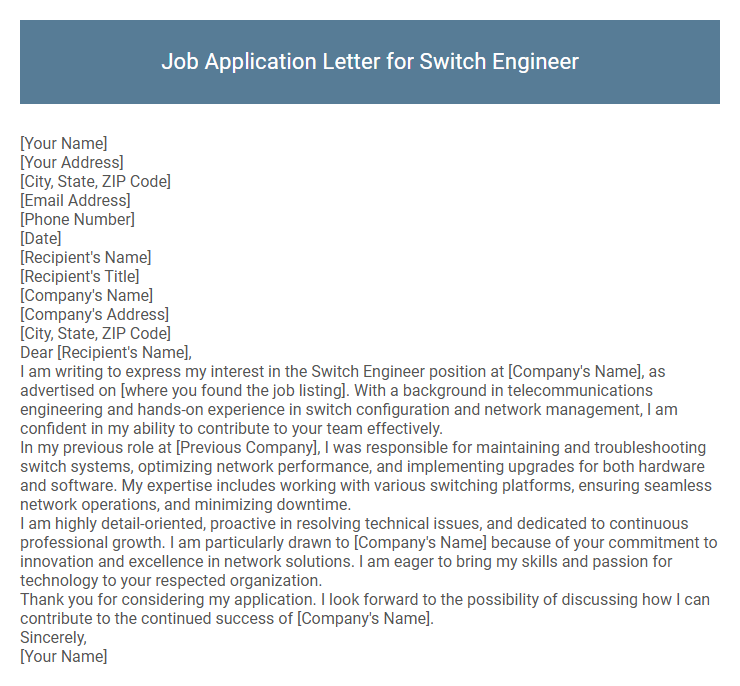 Job Application Letter for Switch Engineer