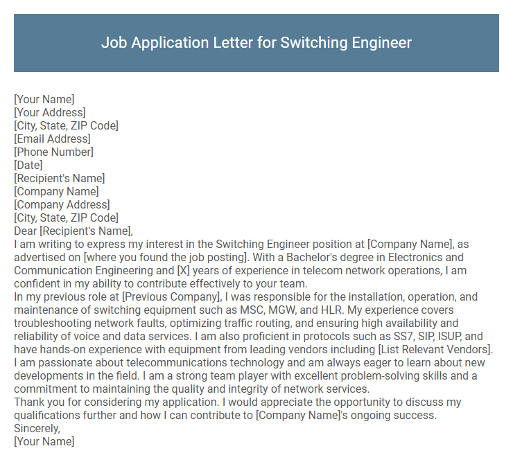 Job Application Letter for Switching Engineer