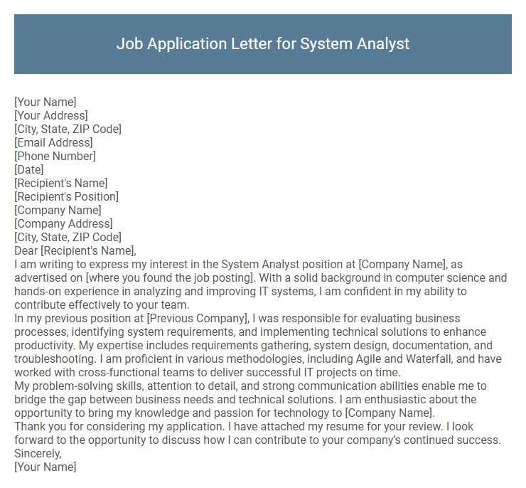 Job Application Letter for System Analyst