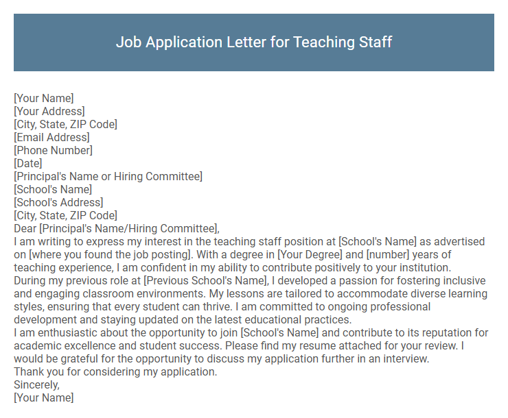 Job Application Letter for Teaching Staff