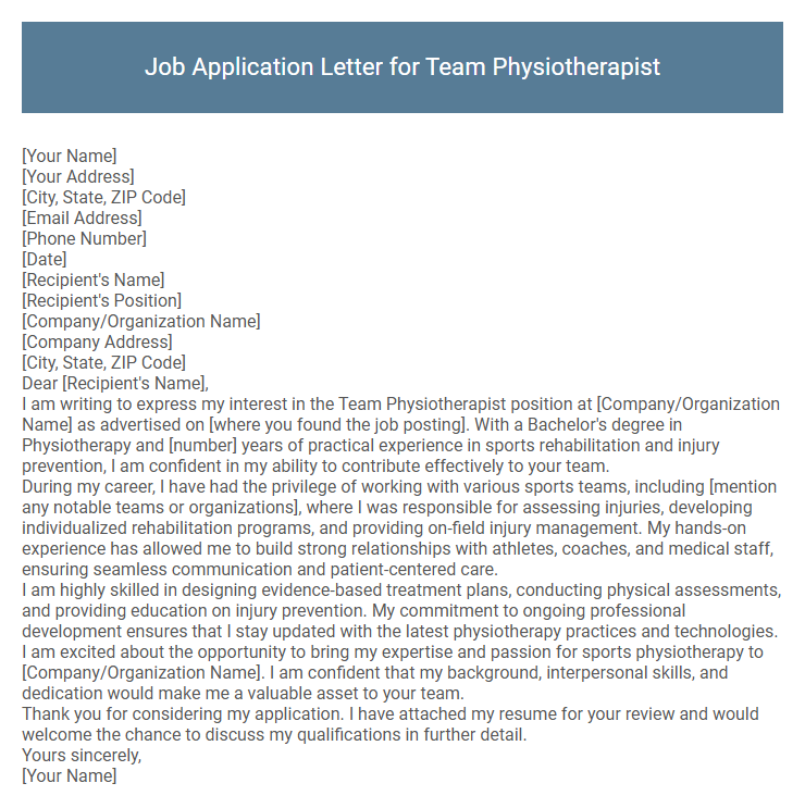 Job Application Letter for Team Physiotherapist